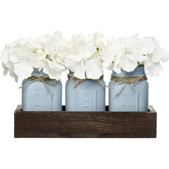 Rustic Mason Jar Centerpiece with Wood Tray Farmhouse Decor for Tabletop - Picture 1 of 5